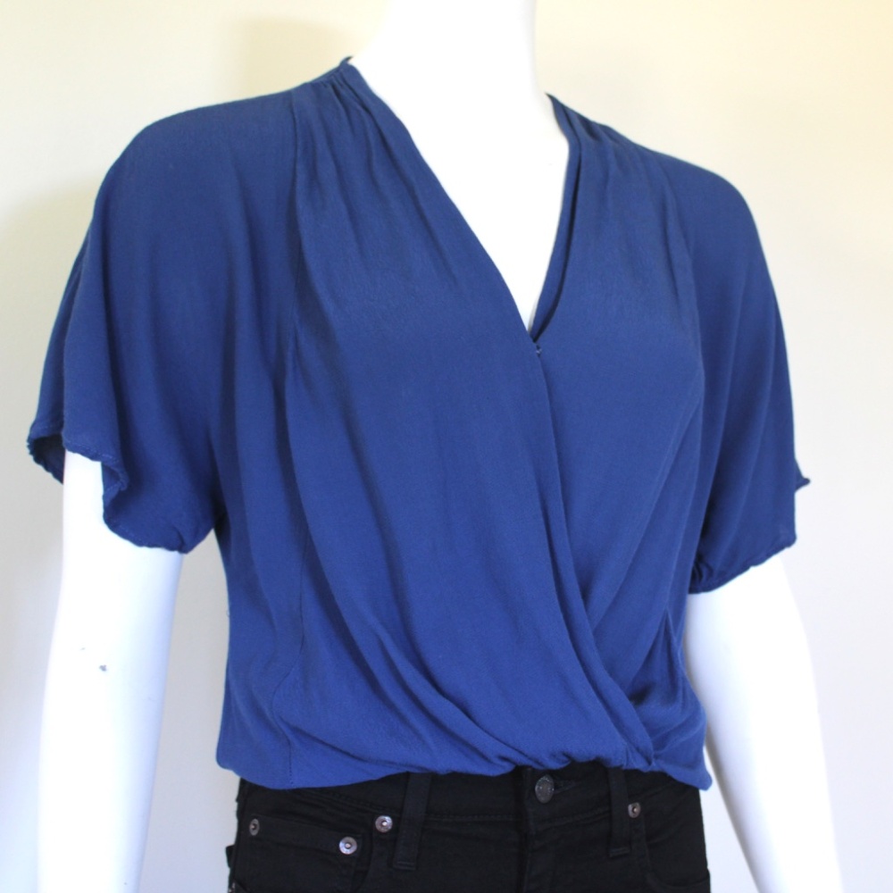 Lovers + Friends Draped Blue Rayon Surplice Blouse